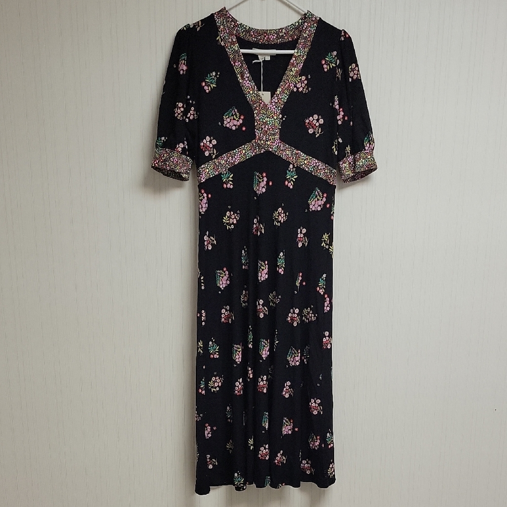 Boden Short Sleeve Floral Black Dress 8 Midi Viscose New Church Office Business - Picture 3 of 8